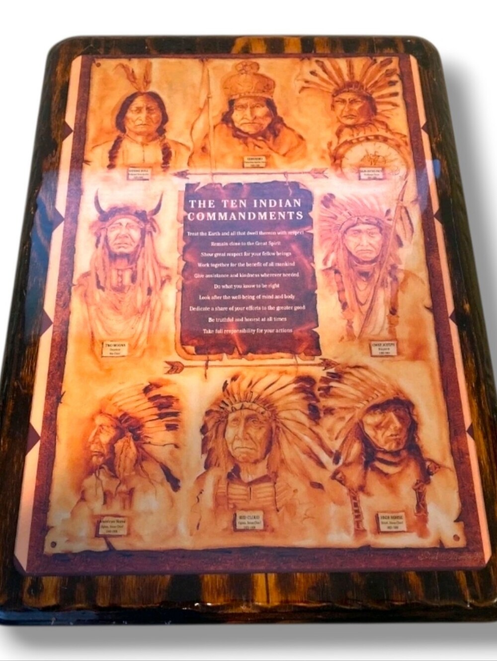 Vintage Wood & Resin Plaque “The Ten Indian Commandments” Native American Art